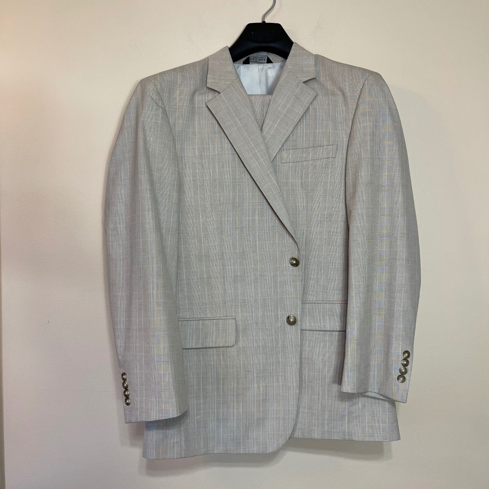 Jos A Bank Mens 43R Blazer Tan Glen Plaid Cotton Wool Two Button Suit‎ 37W 29L